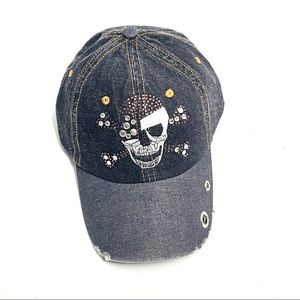 Pirate Skull women embroider distressed Denim cap with stones Adjustable